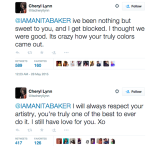 Illustration for article titled Twitter Beef: R&B Singer Cheryl Lynn Shades Anita Baker on Twitter After Realizing She’s Blocked